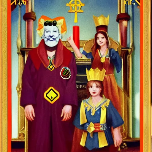 Image similar to Ronald McDonald Burger King coronation ceremony official lesser key of solomon masonic highly symbolic oil painting Turkish broadcast 720p film grain DVD rip