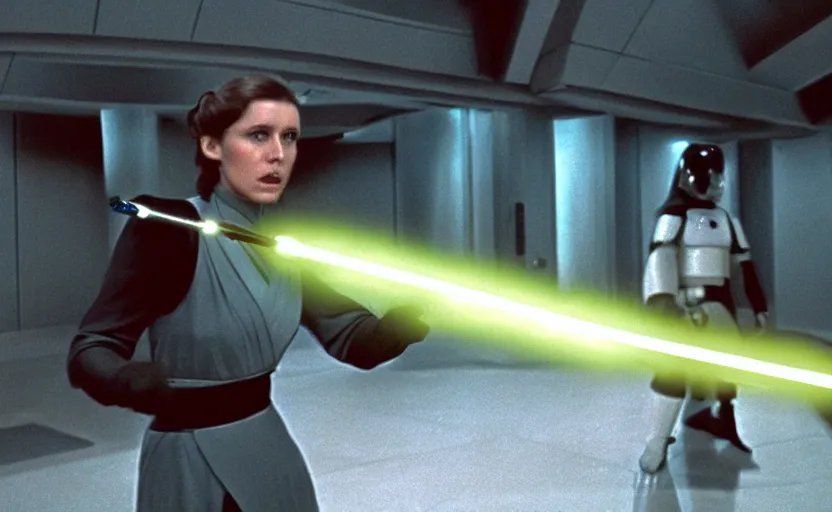 Prompt: screenshot portrait Leia training to use a yellow lightsaber at a new Jedi Temple scene from The Force Awkakens, 1970s film by Stanley Kubrick, serene, iconic scene, stunning cinematography, hyper detailed, sharp, anamorphic lenses, kodak color film, 4k