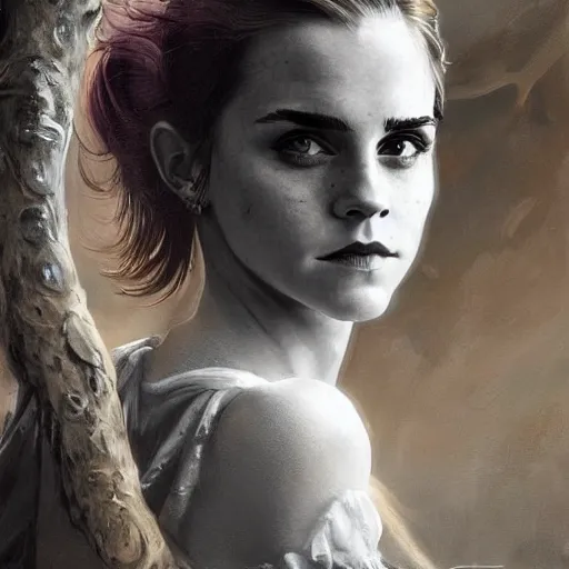 Image similar to Very funny Emma Watson looking like an old monkey, colorful painting on grey scale face, powerful , magic, thunders, dramatic lighting, intricate, wild, highly detailed, digital painting, artstation, concept art, smooth, sharp focus, illustration, art by artgerm and greg rutkowski and alphonse mucha, footage