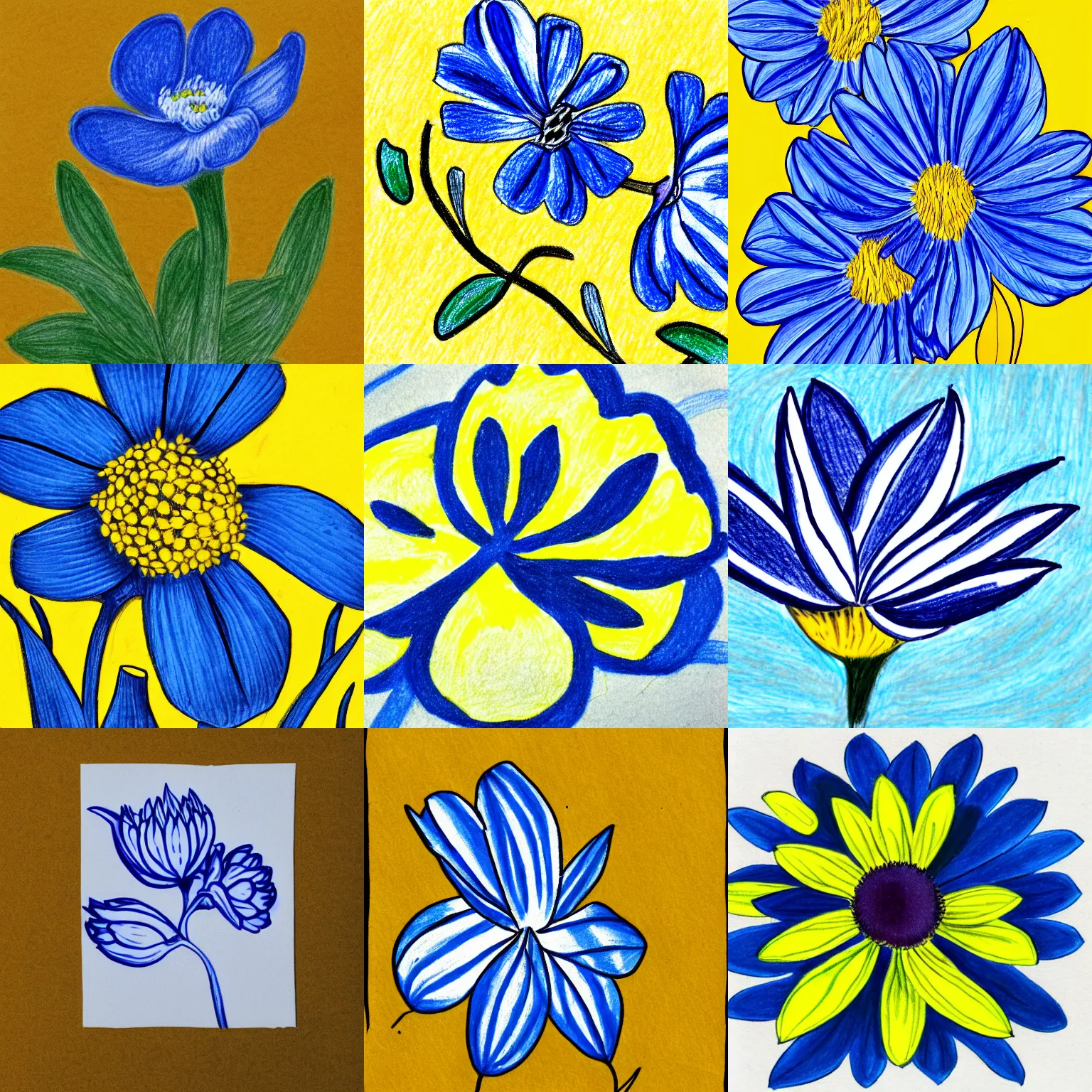 Prompt: Drawing of a blue and white flower on a yellow background with leaves