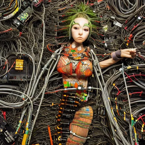 Image similar to piles of modular synth cables mixed with mangrove roots mixed with old video game consoles, kawaii puerto rican goddess chilling out wearing a headpiece made of circuit boards, by cameron gray, wlop, stanley kubrick, masamune, hideki anno, jamie hewlett, unique perspective, epic, trending on artstation, 3 d render, vivid