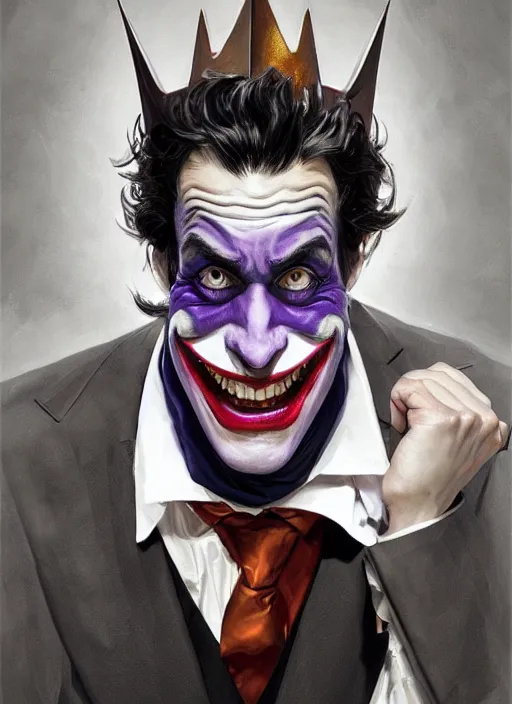 Prompt: portrait of opulent Joker, laughing pose, sigma male, gigachad, medium black hair, batman crown, purple luxurious suit, fantasy, elegant, realistic, highly detailed, digital painting, artstation, concept art, smooth, sharp focus, illustration, art by artgerm and greg rutkowski and alphonse mucha