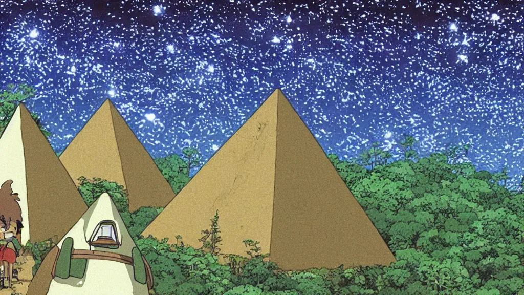 Prompt: a movie still from a studio ghibli film showing a pyramid as a mine runoff storage facility in the rainforest on a misty and starry night. by studio ghibli