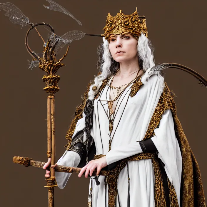 Prompt: photograph of a real-life beautiful air witch with ornate white robes and staff. Extremely detailed. 8k