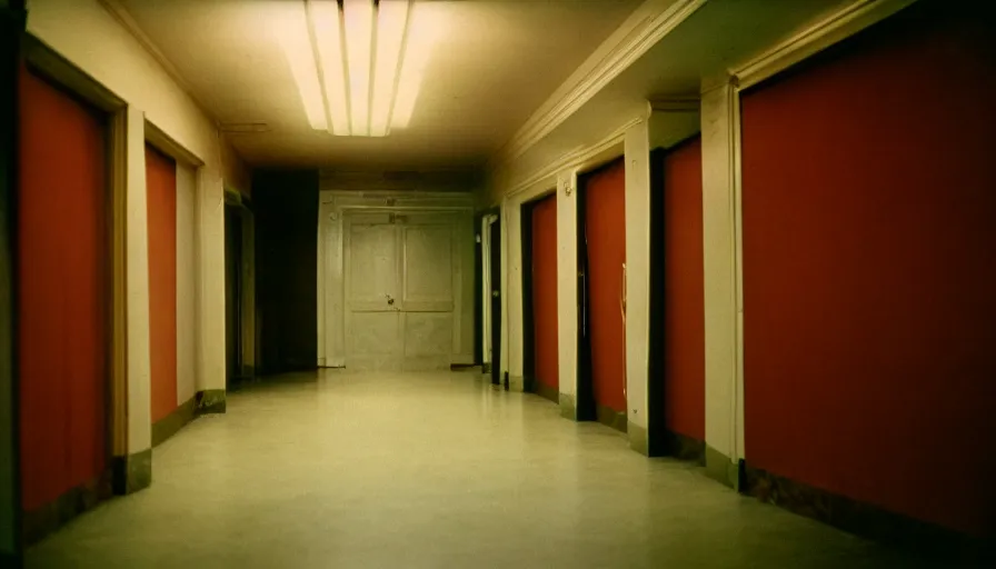 Prompt: 60s movie still of a sovietic stalinist style empty light rose hôtel corridor, cinestill 800t 50mm eastmancolor, liminal Space style, heavy grain-s 150