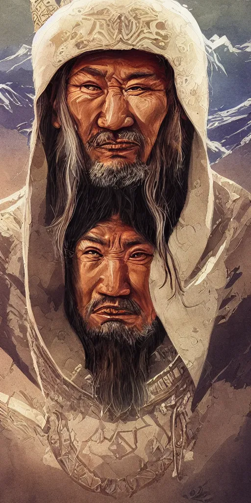 Image similar to highly detailed portrait of genghis khan by roger dean and alena aenami, intense eyes