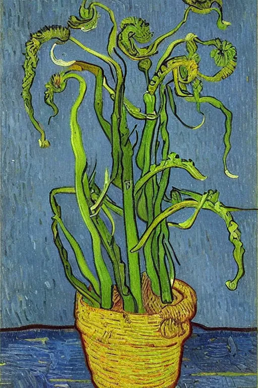 Image similar to Fiddleheads, painted by Vincent Van Gogh (1890), oil on canvas, detailed brushstrokes