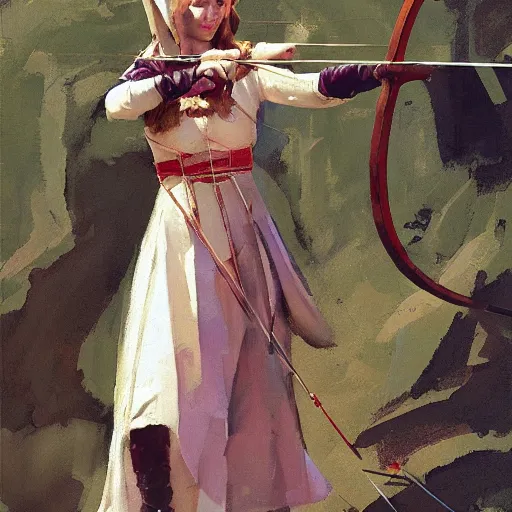 Image similar to portrait of woman wearing medieval clothing aiming a bow and arrow, detailed by greg manchess, craig mullins, bernie fuchs, walter everett