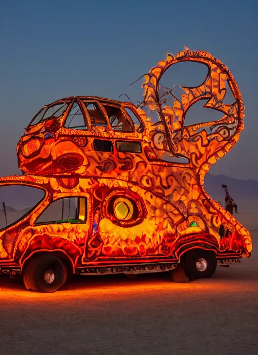 Image similar to burning man art car, sunset, 4 k