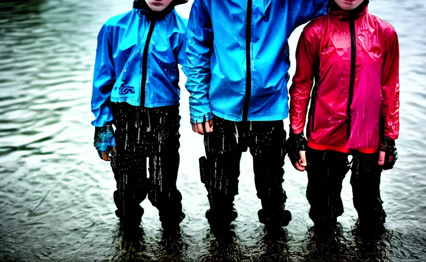 Image similar to cinestill 5 0 d candid photographic portrait by helen levitt of two cyborg kids wearing rugged neon blue mesh techwear in treacherous waters, extreme closeup, modern cyberpunk moody depressing cinematic, pouring rain, dystopian atmosphere, 8 k, hd, high resolution, 3 5 mm, f / 3 2, ultra realistic faces, ex machina