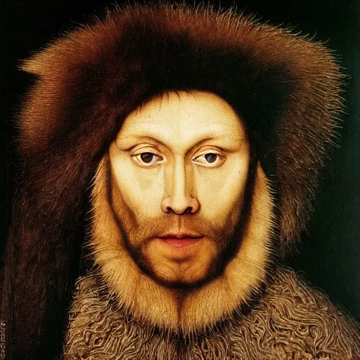 Prompt: portrait of wolf wolfman, oil painting by jan van eyck, northern renaissance art, oil on canvas, wet - on - wet technique, realistic, expressive emotions, intricate textures, illusionistic detail