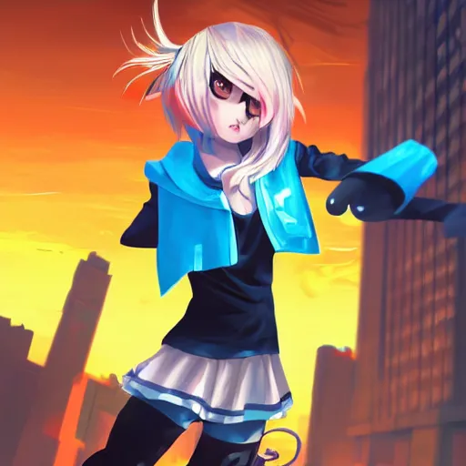 Prompt: Splash art Anime loli, blond hair with pigtails, blue coat and black shorts, she flies by using blue neon powers through the city. Cinematic sunset, faint orange light. Amazing piece Trending on Artstation