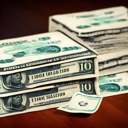 Prompt: a large stack of $ 1 0 0 bills with a money band around it sitting on a wooden table, 8 k, photorealistic, hyper realism, cinematic, movie still, octane render,