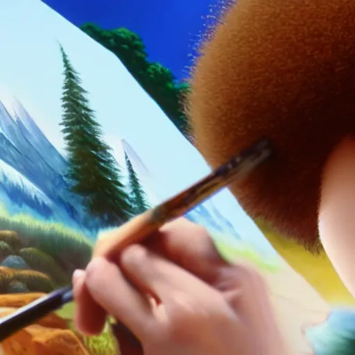 Image similar to a closeup photorealistic photograph of bob ross working on a canvas painting sonic the hedgehog. film still. brightly lit scene. mountain scape. this 4 k hd image is trending on artstation, featured on behance, well - rendered, extra crisp, features intricate detail, epic composition and the style of unreal engine.