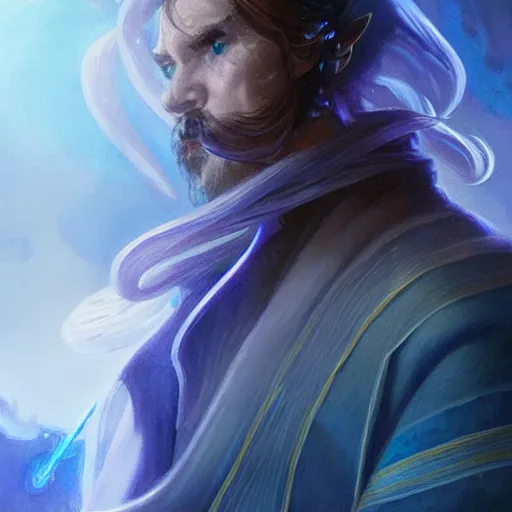 Image similar to bioluminescence portrait of a male wizard of the ice, muscle, D&D, fantasy, elegant, pale, highly dvetailed, digital painting, artstation, concept art, smooth, sharp focus, illustration, art by artgerm and greg rutkowski and alphonse mucha