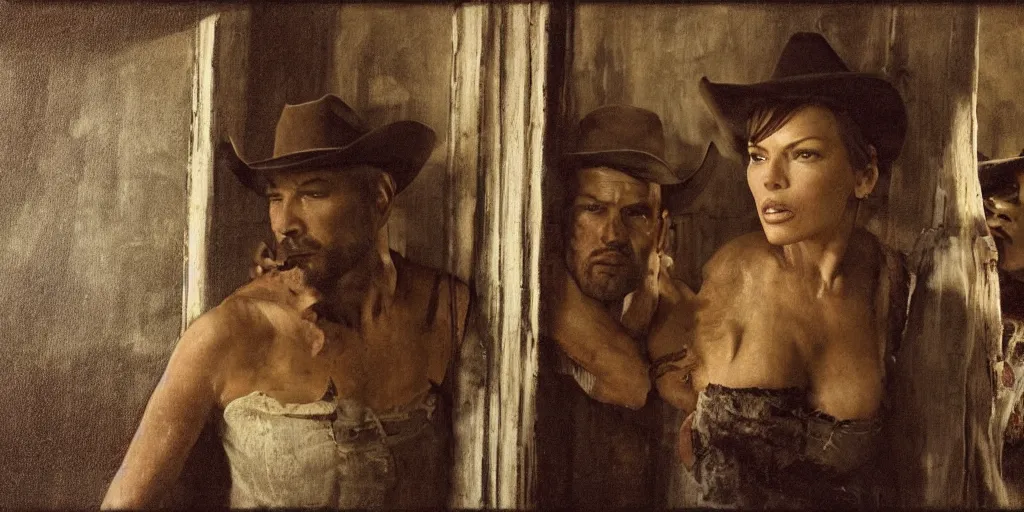 Prompt: in an old west cabin, close up portrait of beautiful Mila Jovovich face ((alone)) in the doorway and Dave Bautista cowboy standing opposite ((alone)) at the window, arguing, symmetrical, in the style of Fredrick Remington, oil painting