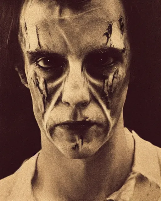 Image similar to an instant photo of a handsome but sinister ghost in layers of fear, with violence in his eyes, 1 9 7 0 s, seventies, woodlands, delicate embellishments, painterly, offset printing technique, by mary jane ansell