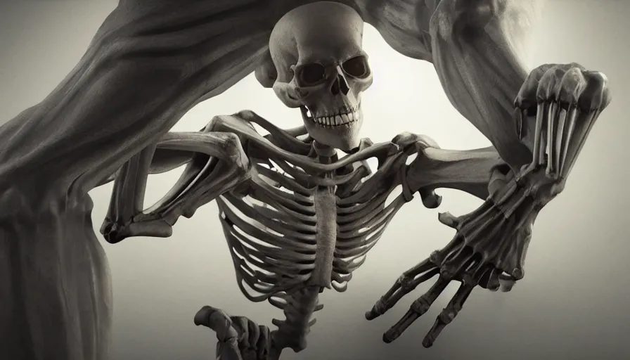 Image similar to Skeleton stretching his hand towards the camera, hyperdetailed, artstation, cgsociety, 8k