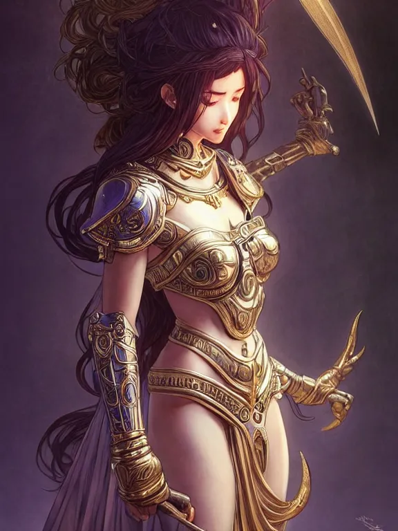 Image similar to full body picture of a moon knightress in the temple, coveted, beautiful and aesthetic, intricate, unreal engine, messy hair, highly detailed, detailed face, smooth, sharp focus, chiaroscuro, manga illustration, artgerm, greg rutkowski, ilya kuvshinov, rossdraws, alphonse mucha, young adult light novel cover art