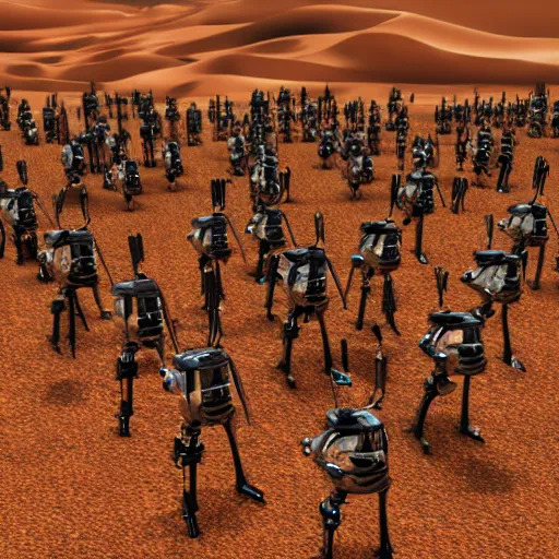 Image similar to army of army of metallic robots in desert, raytracing, 5 5 mm