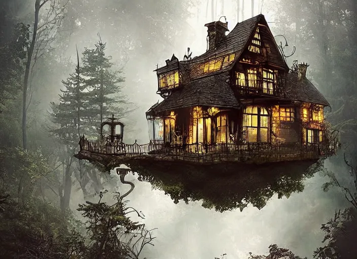 Image similar to house in a clearing in the middle of the forest, beautifully lit, steampunk, by france belleville - van stone