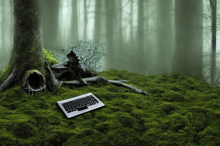 Image similar to human skeleton behind computer overgrown with moss, in foggy forest, at night, dark atmosphere, fantasy illustration, digital art