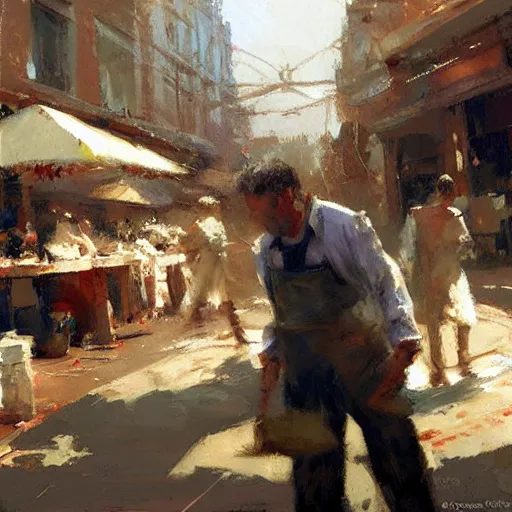 Image similar to low angle!!!!!! a a butcher working, artwork by craig mullins, low angle camera