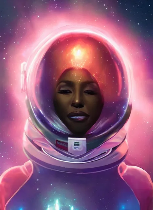 Image similar to beautiful black woman in an advanced spacesuit in front of exploding nebulae halos, digital illustration trending on artstation by artgerm and rutkowski