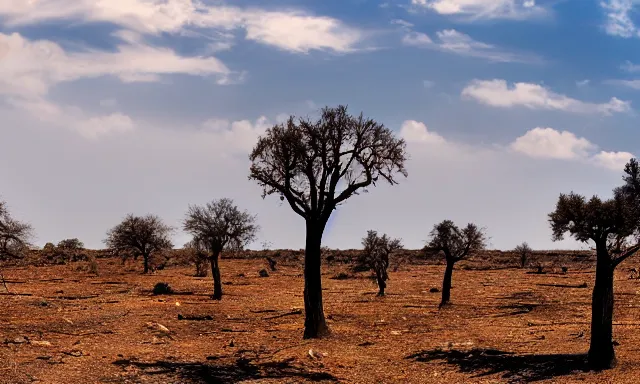 Image similar to panorama of big raindrops flying upwards into the perfect cloudless blue sky from a dried up river in a desolate land, dead trees, blue sky, hot and sunny highly-detailed, elegant, dramatic lighting, artstation, 4k, cinematic landscape, photograph by National Geographic