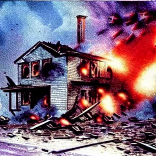 Image similar to color photo from the 80s, the shelling of a house in New York by Soviet soldiers, epic style, a bunch of explosions, realistic style