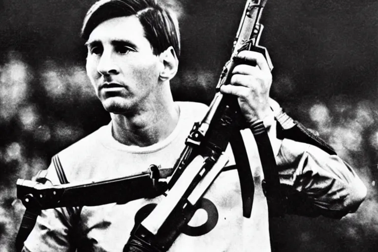 Prompt: Lionel Messi standing with a gun in world war 2, vintage photograph
