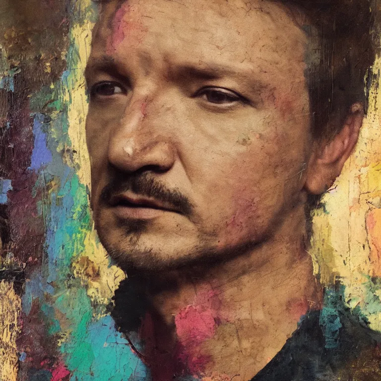 Prompt: colorfully tinted Antique tintype of Beautiful warmly lit close up expressionistic studio portrait of Jeremy Renner frowning severely, impasto oil painting heavy brushstrokes by Cy Twombly and Anselm Kiefer , trending on artstation dramatic lighting abstract Expressionism