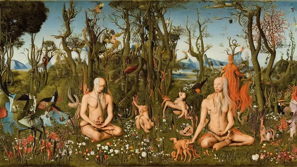 Image similar to a photograph of a meditating centaur shaman and a harpy mermaid feeding animals. surrounded by bulbous flowers and a few trees and wild animals. river delta with mountains under a blue sky full of burning stars and birds. painted by jan van eyck, max ernst, ernst haeckel, ernst fuchs and artgerm. trending on artstation
