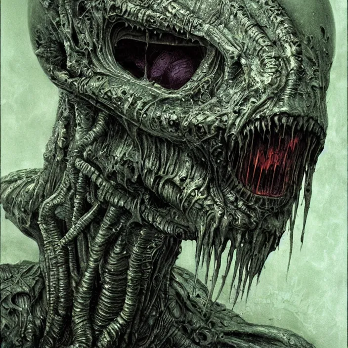 Image similar to space alien, slimy, glossy, sharp teeth, by h. r. giger, beksinski, nightmare fuel, nightmarish, intricate, highly detailed, optical illusion, stranger things demogorgon, volumetric lighting, flickering