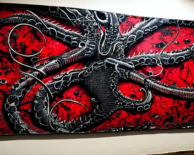 Image similar to 16k photorealistic image of a wall that has some lovecraftian graffiti on it inspired by wretched dragon rib cage. lovecraftian graffiti in red and black colors. the art is cursed and ecrusted with jewels.