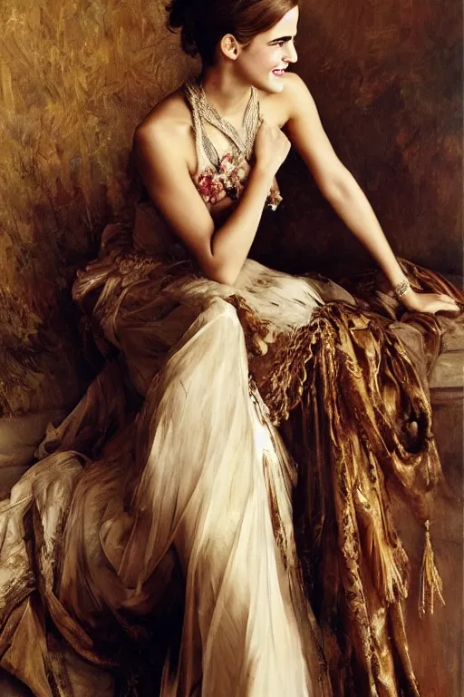 Image similar to emma watson smiling silk gown gaston bussiere craig mullins j. c. leyendecker richard avedon peter lindbergh