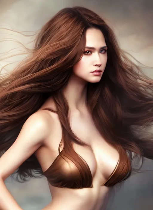 Prompt: a gorgeous female with long brown hair, photo by radoslow pujan, realistic, full body shot, wide angle, sharp focus, 8 k high definition, insanely detailed, intricate, elegant, art by stanley lau and artgerm, floating embers