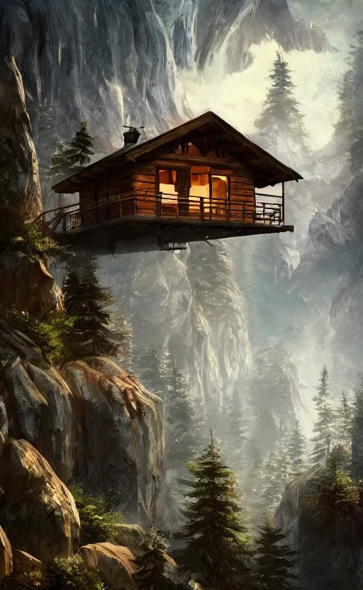 Image similar to cabin high on a mountain, the valley beneath, dynamic lighting, photorealistic fantasy concept art, trending on art station, stunning visuals, creative, cinematic, ultra detailed