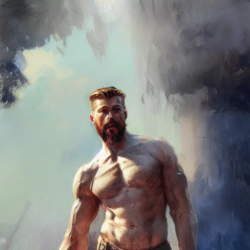 Image similar to detailed cinematic wide shot of muscular attractive young man wearing navy clothing beard slim face symettrical face clean skin blue eyes white hair, ultra realistic, spring light, painting by gaston bussiere, craig mullins, j. c. leyendecker