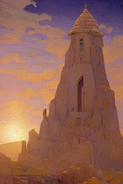 Image similar to holy painted tower of the moon, by Sylvain Sarrailh and Nicholas Roerich and Annie Swynnerton and Gaston Bussière, dramatic cinematic lighting , ornate architecture, sacred artifacts, lost civilizations, smooth, sharp focus, extremely detailed