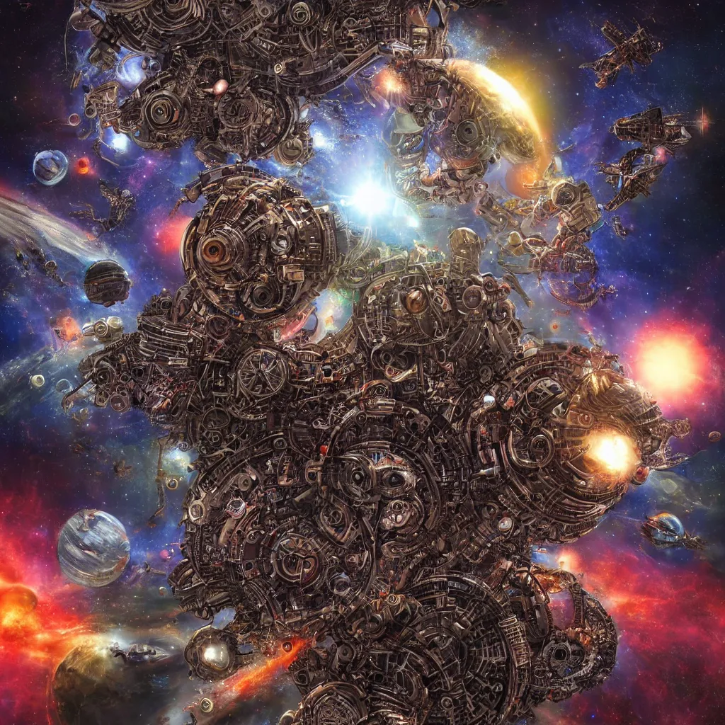 Prompt: mechanical alien god attacking planets in space, art by mark cooper, 8 k, hyper detailed, hdr, intricate, masterpiece