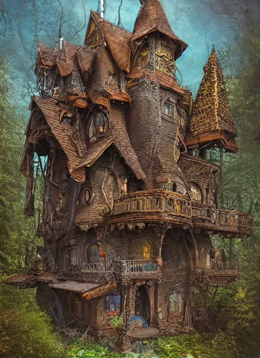 Prompt: highly detailed matte painting of the baba yaga witch's ornate russian style home on tall chicken legs with feet so it can walk around, in the mountain woodlands, witch with her broomstick, 8 k resolution, by android jones