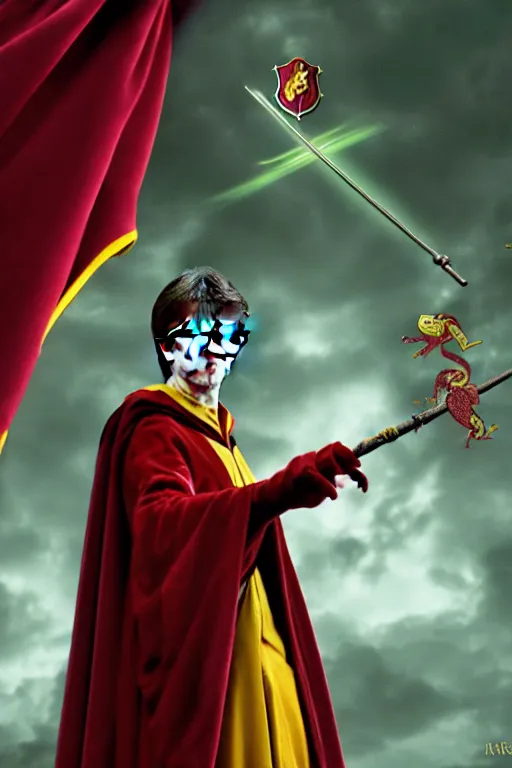 Image similar to harry potter frog mage in a gryffindor form, magic wand, in hogwarts, high details, best composition, dramatic pose, 4 k