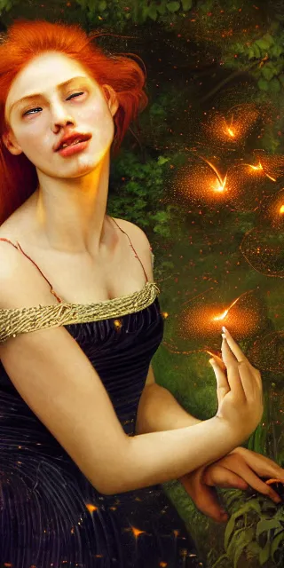 Image similar to infp young woman, smiling amazed, golden fireflies lights, full covering intricate detailed dress, amidst nature, long red hair, accurate linework, green eyes, small nose with freckles, oval shape face, realistic, expressive emotions, dramatic lights, hyper realistic ultrafine art by artemisia gentileschi, caravaggio, jessica rossier, boris vallejo