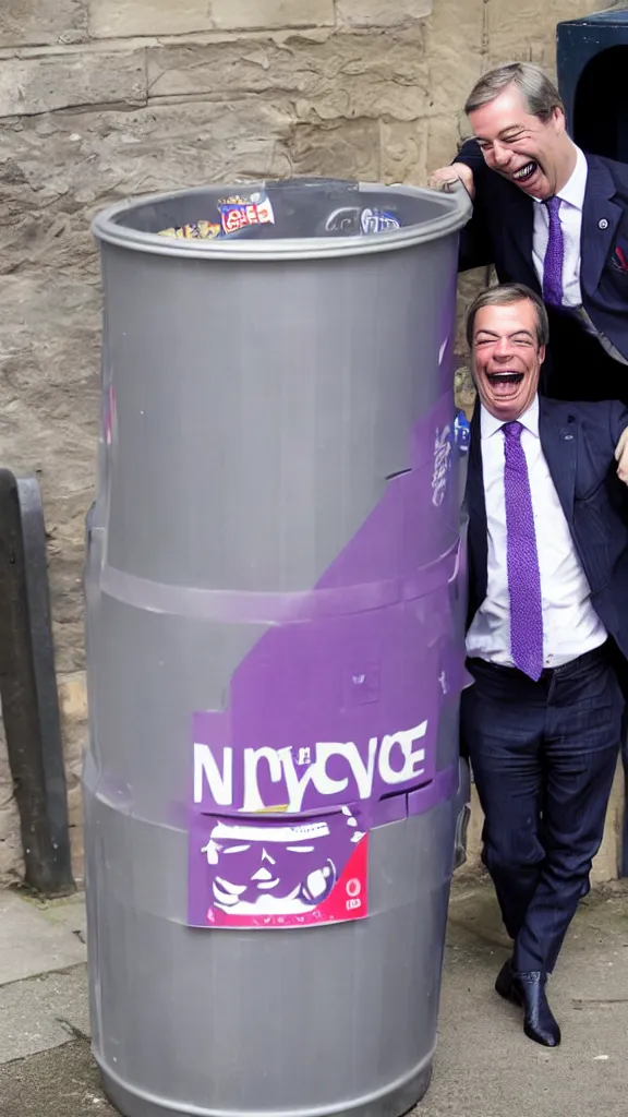 Image similar to nigel farage laughing maniacally whilst standing inside a bin on the street