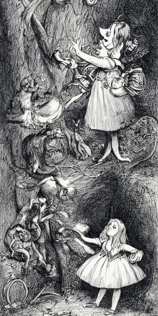 Prompt: Tenniel illustration of Alice in Wonderland Lewis Carrol