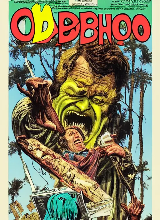 Image similar to Columbo, Creepshow (1982) comic book cover, artwork by Bernie Wrightson, full color, detailed