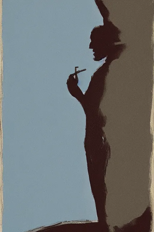 Image similar to man standing by a river, 1960’s minimalist advertising illustration, painterly, expressive brush strokes