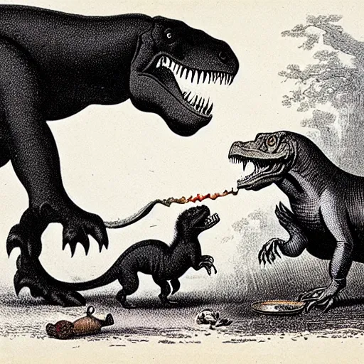 Prompt: antique lithograph from 1 8 0 0 of tyrannosaurus rex feeding his pet dog, running in a field