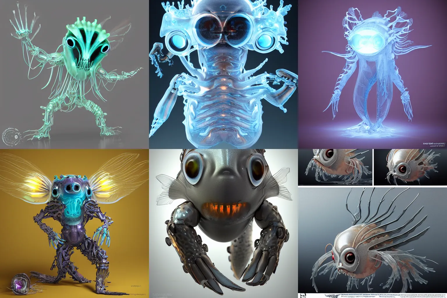 Prompt: cute! biomechanical mask, ghost shrimp, Barreleye fish, translucent SSS xray, Barreleye, rimlight, jelly fish dancing, fighting, bioluminescent screaming pictoplasma characterdesign toydesign toy monster creature, zbrush, octane, hardsurface modelling, artstation, cg society, by greg rutkowksi, by Eddie Mendoza, by Peter mohrbacher, by tooth wu